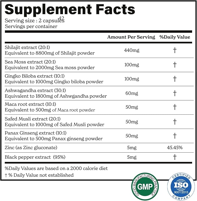 8800mg Shilajit Maca Root Ginkgo Biloba Sea Moss Ashwagandha Panax Ginseng Safed Musli &amp Zinc| Boost Stamina &amp Energy 120 Capsules| 95 + minerals| All in One Herbal Supplement for Men &