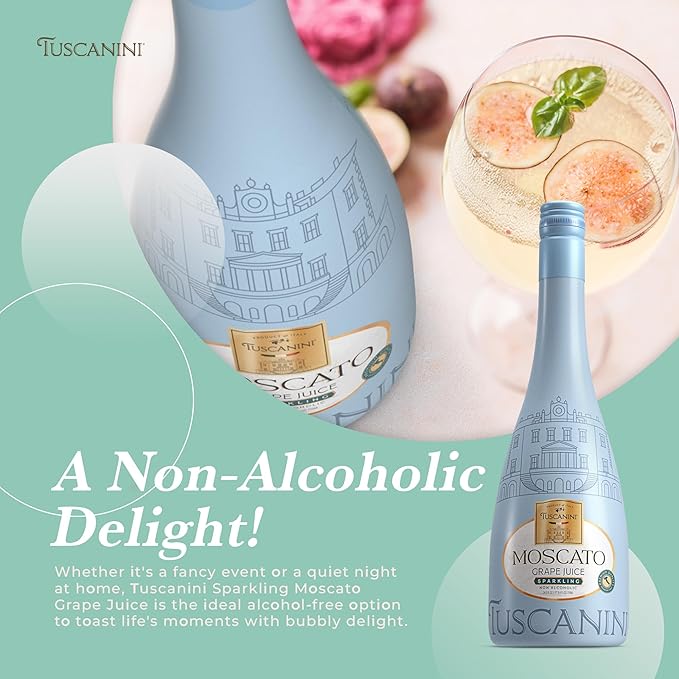 Tuscanini Sparkling Moscato Grape Juice 25.3oz (2 Pack) | Non Alcoholic Italian Moscato | Elegant Champagne Bottle | Imported from Italy | Great for Cocktails | Kosher