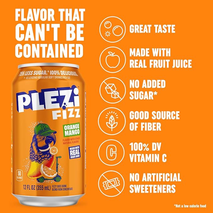 PLEZi FiZZ Stawberry Lemonade &amp Orange Mango Sparkling Juice Bundle – No Added Sugar Low Sugar Soda Alternative with Real Fruit Juice &amp Fiber – 12 Fl Oz (24 Cans Total)