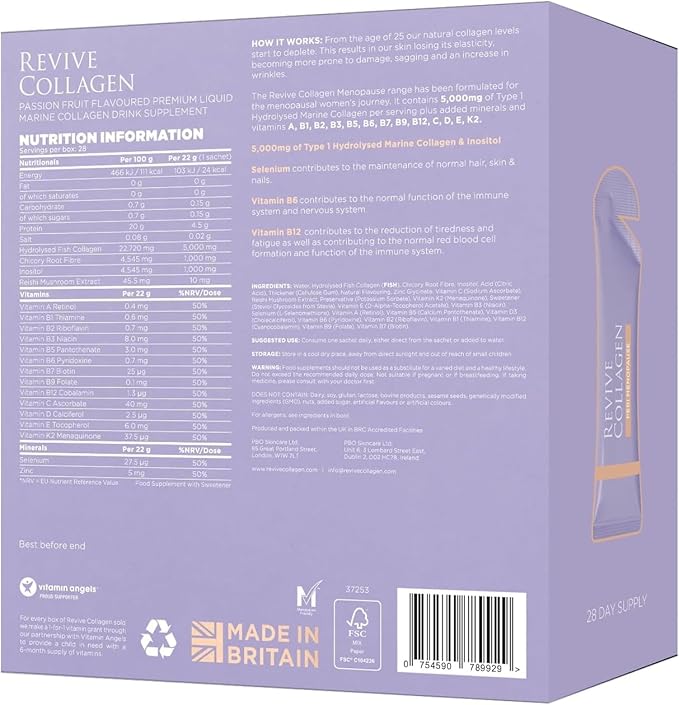 Revive Collagen Perimenopause — Hydrolyzed Marine Collagen Drink for Women 5000MG Inositol Selenium Vitamin B6-B12 C &amp D Supports Skin Health Reduces Fatigue Passionfruit Flavour — 28 Sac
