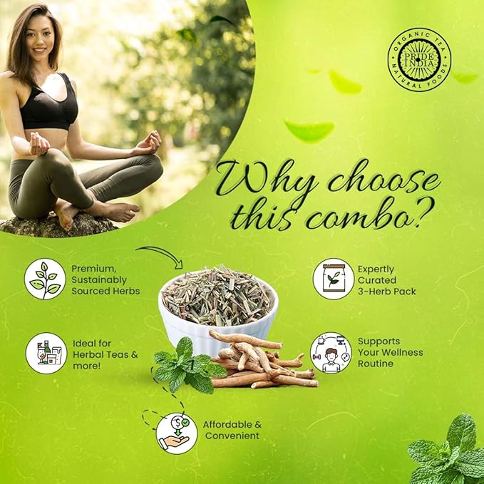 Pride of India | Herbal Wellness Pack 15.06 oz (427 gm) | Includes Lemongrass Leaf Tea Ashwagandha Root Whole &amp Tulsi/Holy Basil Leaf Tea | Perfect for Smoothies Soups | Boosts Activity &amp We