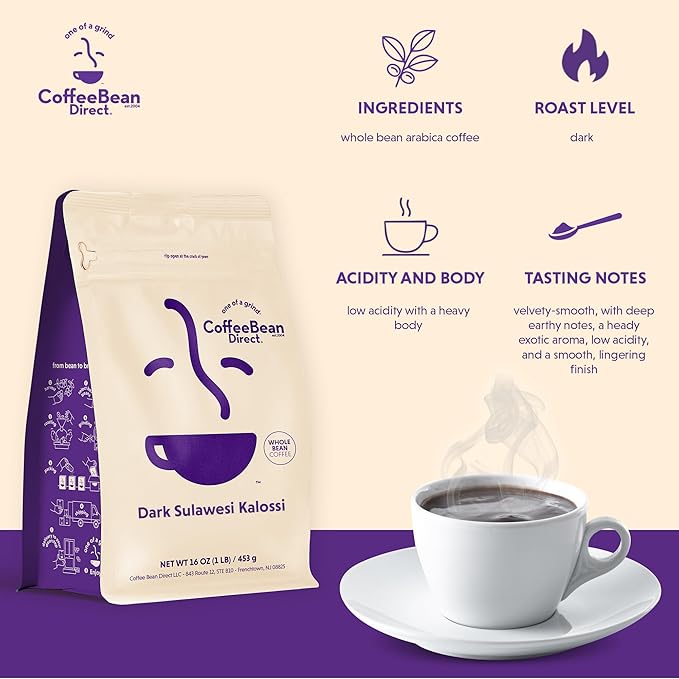 Coffee Bean Direct Dark Sulawesi Kalossi Whole Bean Coffee Arabica Coffee Dark Roast 1 Pound Bag (Pack of 1)