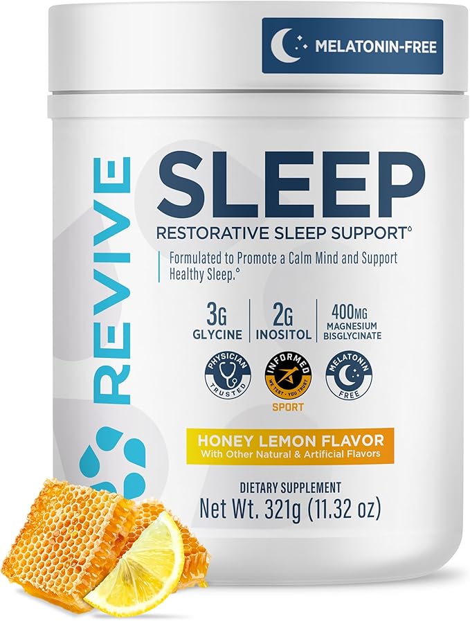Revive MD Melatonin-Free Sleep Support Supplement for Adults Honey Lemon - Natural Sleep Aid Supplements with Magnesium (Glycinate) Inositol &amp L-Theanine for Deep Relaxation (30 Servings)