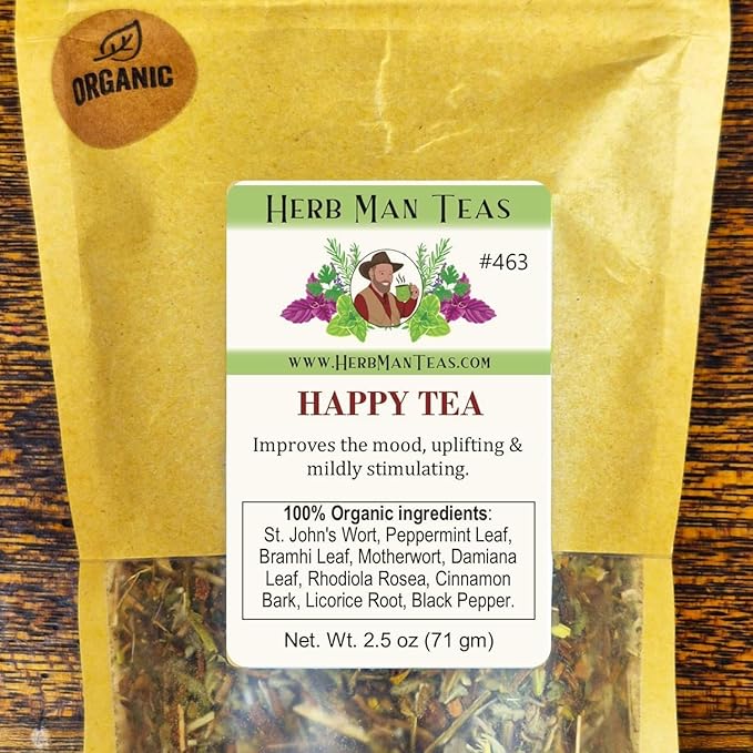 HAPPY TEA – Daily Mood &amp Feel-Good Support – Organic Loose Leaf – by Master Herbalist Khabir | St. John’s Wort Rhodiola rosea &amp Peppermint