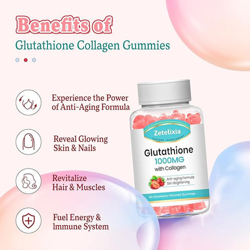 2 Pack Glutathione Collagen Gummies Collagen Gummies with Vitamin C Glutathione Supplement for Women Hair Skin Nails Muscle &amp Joint Anti-Aging Vegan Sugar Free Strawberry Flavor 120 Count