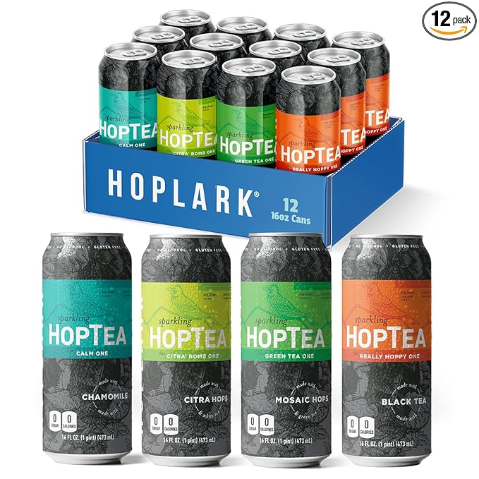 HOPLARK Sparkling HopTea – CORE MIXED PACK – Tall 16fl oz Cans (Pack of 12) - Sparkling Tea Sampler Featuring Green Tea White Tea Black Tea and Chamomile – Zero Calorie – Unsweetened – Caffeinated