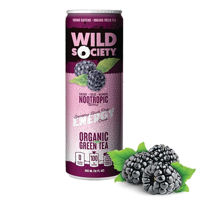 Wild Society Natural Energy Drink + Nootropics (12 pack) - 100 mg Organic Caffeine from Green Tea - Zero Sugar &amp Zero Calories - Monk Fruit Sweetened - Clean Ingredients - Fuel Mind &amp Body - B