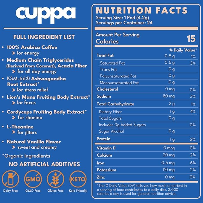 Cuppa French Vanilla Mushroom Coffee with Adaptogens &amp Superfoods - Lion’s Mane Ashwagandha &amp Cordyceps. Adaptogens + MCT to support natural energy mental focus &amp gut health (24 Servings