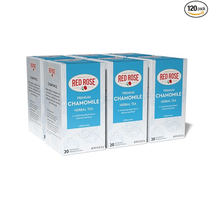 Red Rose Chamomile Tea Caffeine Free Herbal Tea Perfect Companion for Relaxation Chamomile Tea with 20 Individually Wrapped Tea Bags Per Box (Pack of 6)