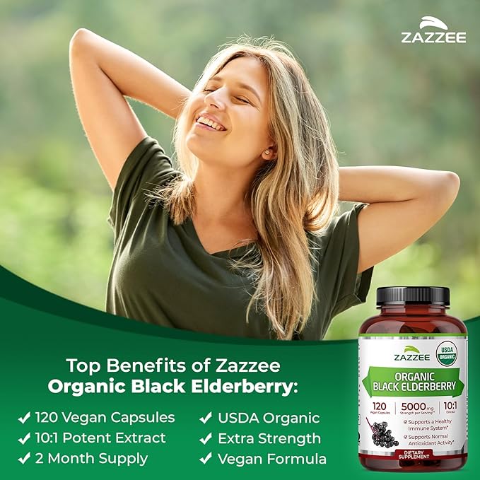 Zazzee USDA Organic Black Elderberry 10:1 Extract 120 Vegan Capsules 2 Month Supply Sambucus Nigra Antioxidant &amp Immune Support Concentrated 10X Extract All-Natural Non-GMO Made in the USA