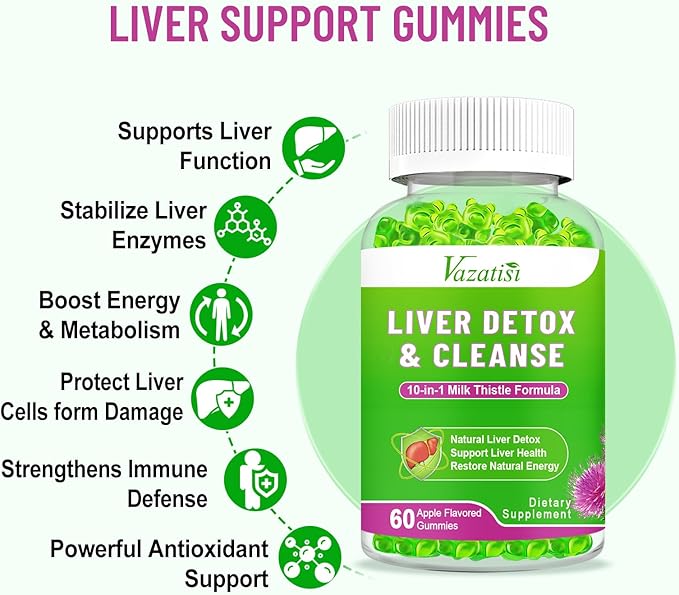 Liver Cleanse Detox Repair Gummies Milk Thistle Gummies with Artichoke Dandelion for Liver Support Vegan &amp Non-GMO Gelatin-Free Apple Flavor 120ct
