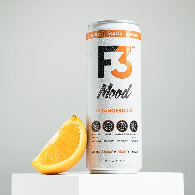 F3 Mood - Functional Sparkling Juice Drink with Powerful Nootropics to Reduce Stress BCAAs for Muscle Recovery and Chamomile &amp Valerian Root for Sleep - Caffeine Free (Orangesicle 12 Pack)