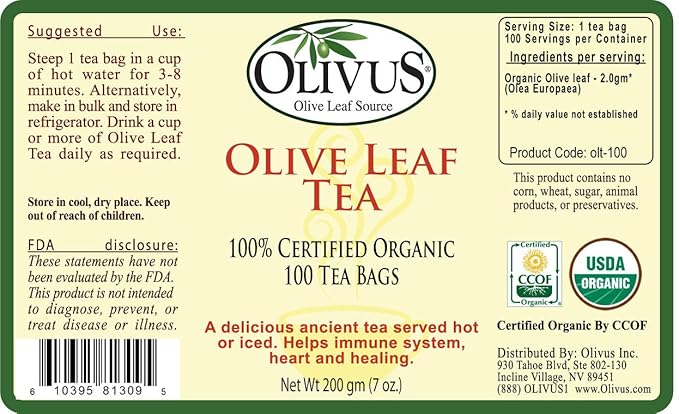 Olive Leaf Tea - Certified Organic - Non-GMO Herbal Tea Bags (100 count) - Sourced from Spain and Manufactured in USA - Antioxidant Immunity Supplement for Health Wellness &amp Vitality
