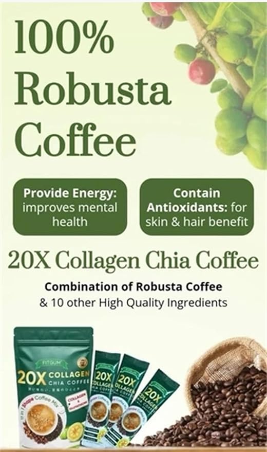 20X Collagen Chia Coffee Mix with Glutathione Japanese Technology 10 Sachets 120g