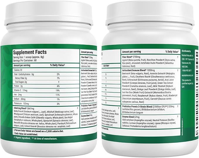 Nested Naturals Super Greens Daily Superfood Powder - Certified USDA Organic Green Powder w/20+ Whole Foods Spirulina Powder Wheat &amp Barley Grass - Probiotics Fiber &amp Enzymes - Original Fla