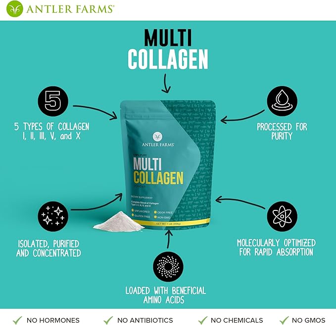 Antler Farms - Multi Collagen Protein Powder - 5 Types (I II III V and X) 100% Pure Hydrolyzed Collagen Peptides for Men and Women - Bioavailable Rapid Absorption - Unflavored - 1 lb