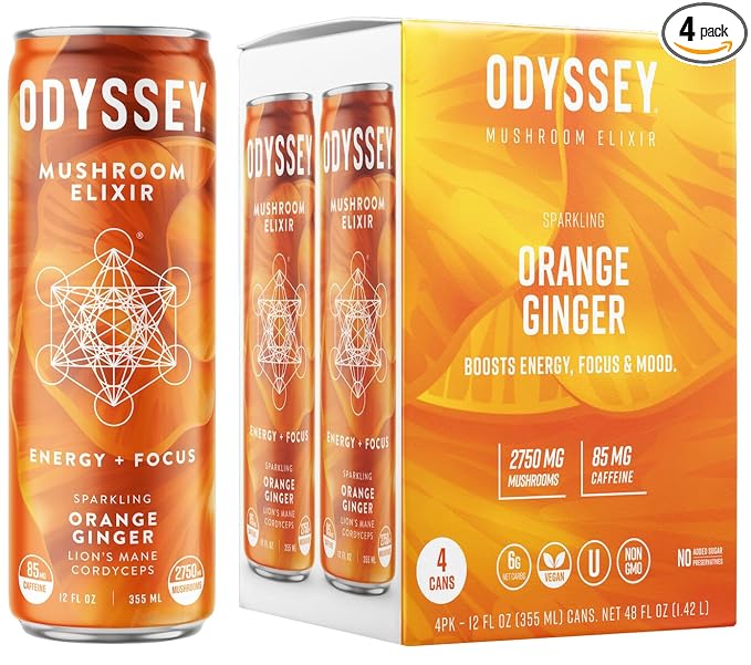 Odyssey Elixir Sparkling Adaptogen Drink Low Calorie Drinks with L Theanine Lions Mane Cordyceps and Green Tea Caffeine for Energy and Focus Non-GMO Vegan12 Fl oz 4 Pack (Orange Ginger)