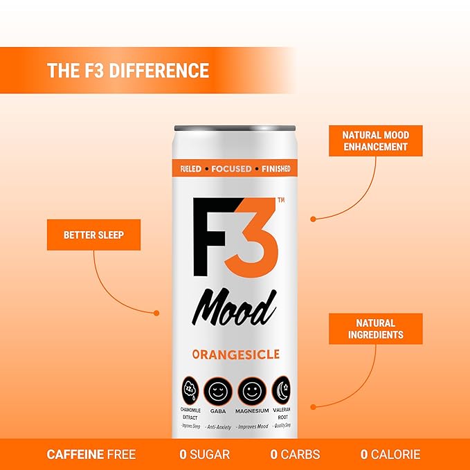 F3 Mood - Functional Sparkling Juice Drink with Powerful Nootropics to Reduce Stress BCAAs for Muscle Recovery and Chamomile &amp Valerian Root for Sleep - Caffeine Free (Orangesicle 12 Pack)