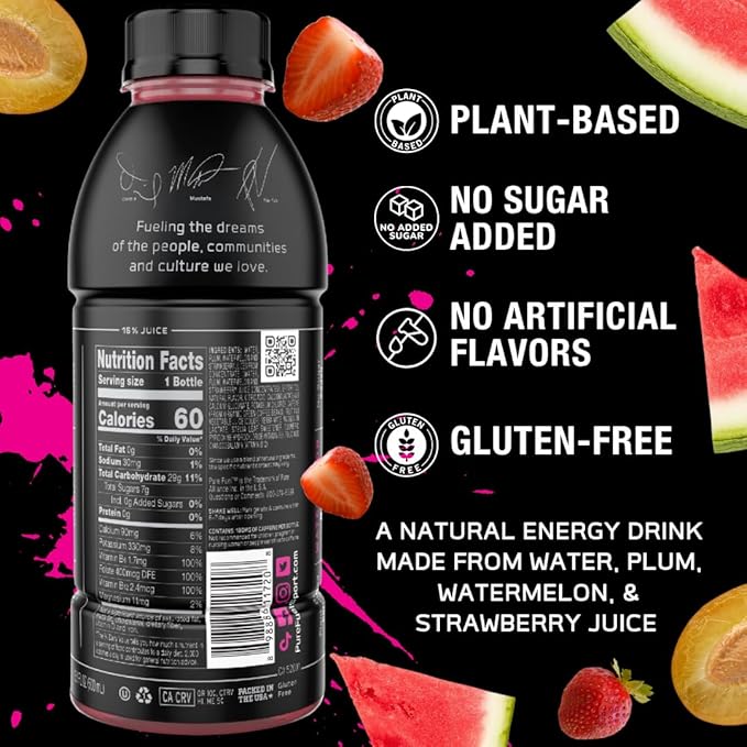 Pure Fuel Healthy Energy Drinks Watermelon Blast - Sports Drinks - Plant Based - 180mg Natural Caffeine - 12pk x 16.9 fl oz