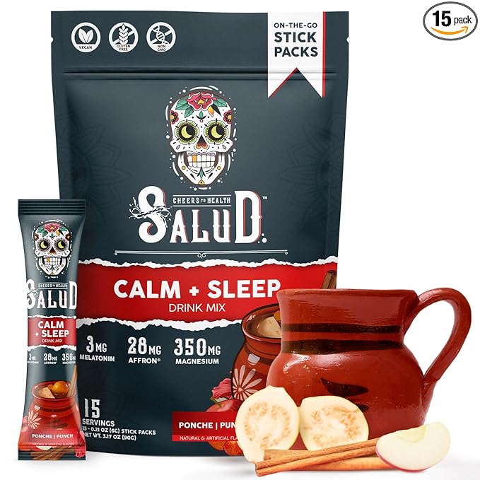 Salud 2-in-1 Sleep Aid + Calm Drink Mix Punch Ponche Flavor Melatonin Magnesium Saffron Extract L-Theanine Non-GMO Gluten Free Vegan Low Calorie 1g of Sugar (15 Servings)