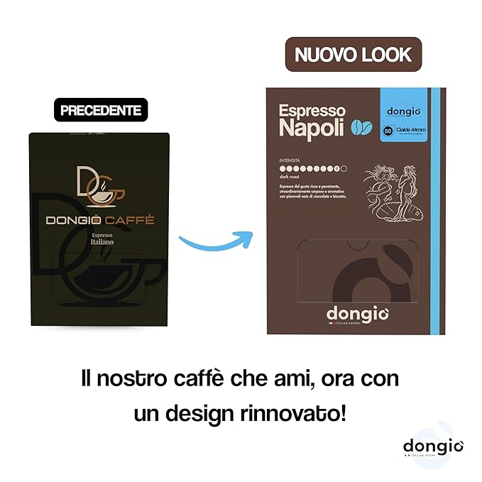 Dongiò Caffè Espresso Napoli - 50 Easy Serving Espresso Pods (ESE 44mm) - Dark Roast Coffee (Intensity 9/10) - Roasted and Blended in Italy