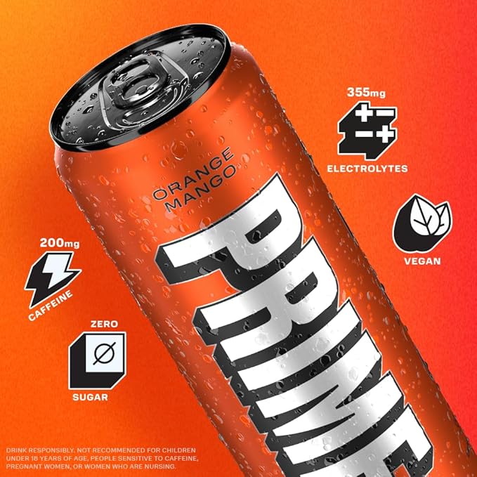 PRIME Energy ORANGE MANGO | Zero Sugar Energy Drink | Preworkout Energy | 200mg Caffeine with 355mg of Electrolytes and Coconut Water for Hydration| Vegan | Gluten Free |12 Fluid Ounce | 24 Pack