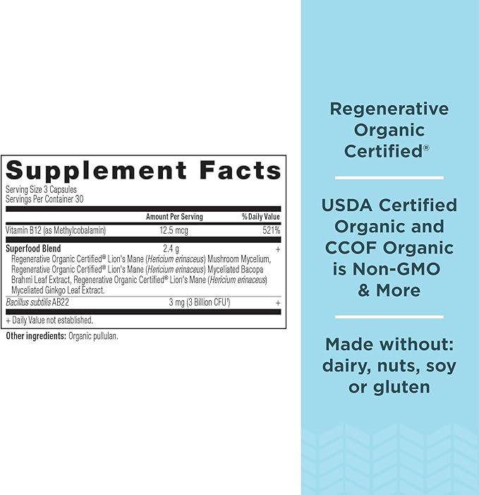 Ancient Nutrition Regenerative Organic Certified Focused Brain Capsules Made with Ginkgo Leaf Lion's Mane to Help Reduce Stress Gluten Free Paleo and Keto Friendly 90 Count