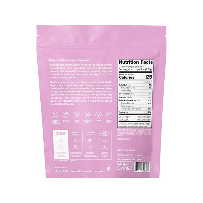 Cure Hydration Electrolyte Mix | Electrolyte Powder for Dehydration Relief and Energy | Made with Coconut Water | No Added Sugar | Vegan | Paleo Friendly | Watermelon + Lime Bundle | 28 Packets