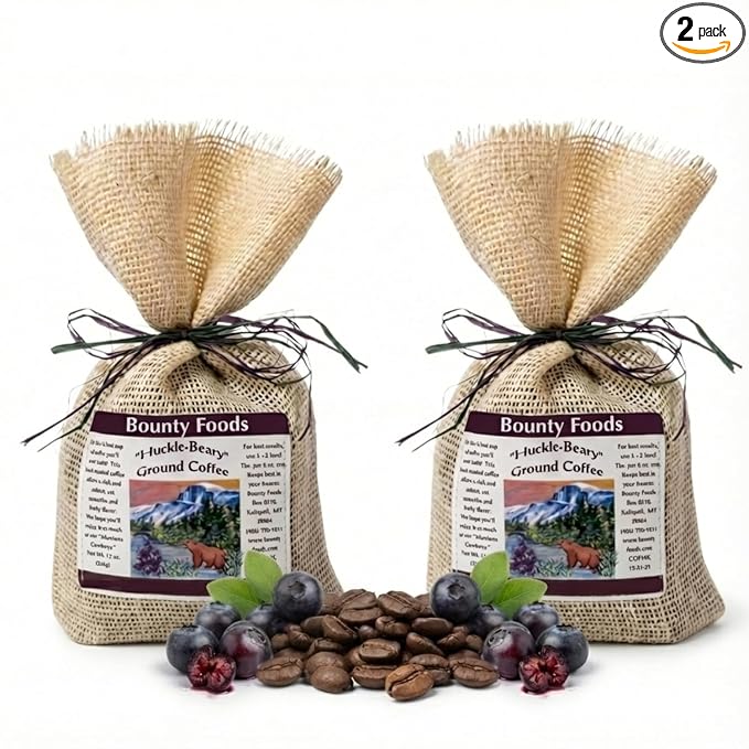 Bounty Foods Huckleberry Ground Coffee - 2/12 oz Rustic Western Style Burlap Bags Montana Grown and Hand Harvested Huckleberries - Coffee Beverages Espresso Latte Cappuccino Mocha