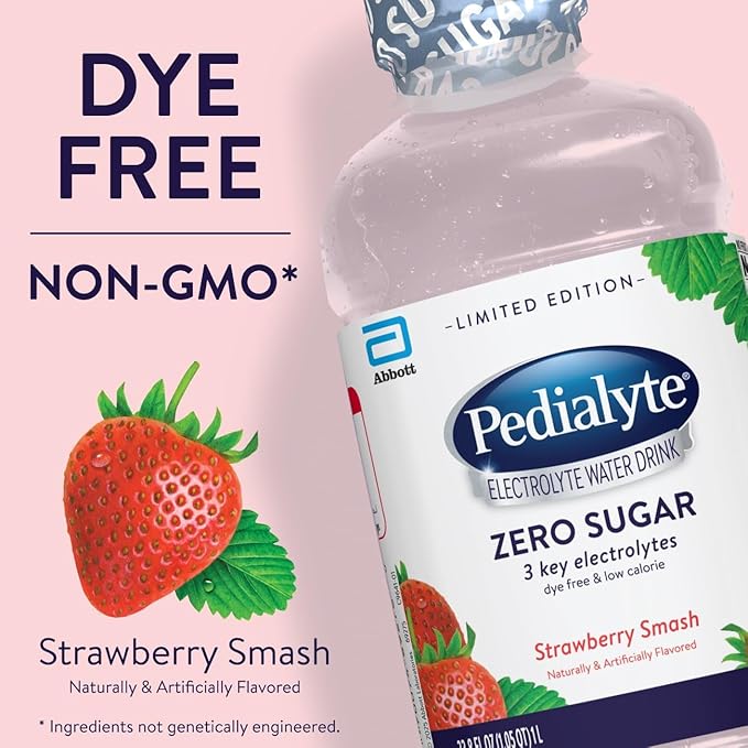 Pedialyte Electrolyte Water With Zero Sugar | Hydration With Key Electrolytes | Hydration Low in Calories | Strawberry Smash 1 Liter Pack of 4