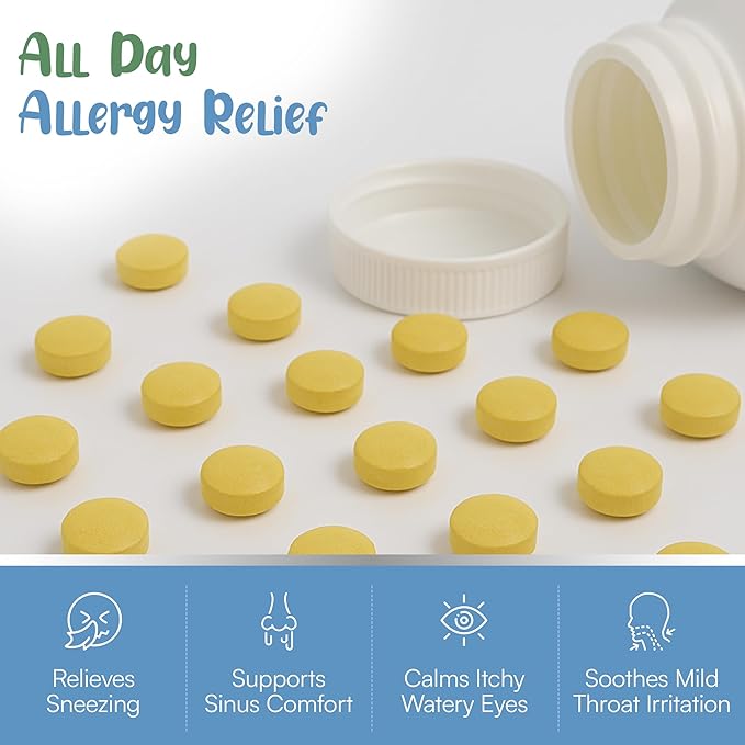 Natural Antihistamine Supplement Sinus &amp Allergy Relief for Pollen Pet Dander Dust Mold and Odors 60 Strawberry Fruit Punch Chewable Tablets