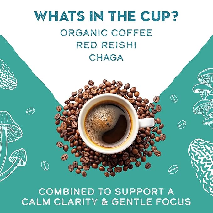 Organic Mushroom Decaffeinated Coffee Dark Roast Swiss Water Water Process Red Reishi &amp Chaga Decaf for Calm and Relaxed Focus Grade 1 Single Origin Peruvian 12oz - Ground (2 Pack)