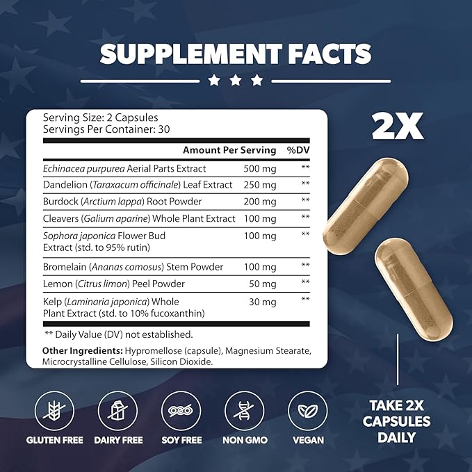 LymphaVive Lymphatic Drainage Supplements for Men &amp Women - Lymphatic Support with Bromelain Echinacea Burdock Root Dandelion Rutin Kelp - 60 Capsules