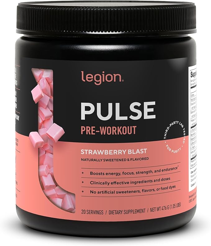 LEGION Pulse - All Natural Nitric Oxide Preworkout Drink to Boost Energy Creatine Free Naturally Sweetened Beta Alanine Citrulline Alpha GPC (Strawberry Blast)