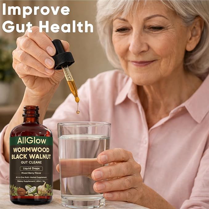 AllGlow Wormwood Black Walnut Gut Cleanse Black Walnut Wormwood Gut Cleanse with Soursop Pumpkin Seed PAU D'arco Gut Health &amp Absorption 60ml/2oz