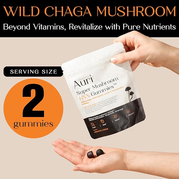 Auri Nutrition Super Mushroom HSN Gummies - Hair Skin and Nails Gummies Functional Mushrooms Supplement - with Wild Chaga Chlorophyll Lutein and Astaxanthin - 60 Orange Citrus Gummies