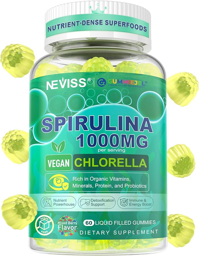 NEVISS Spirulina &amp Chlorella Gummies - Probiotic &amp Super Greens Supplement Superfood Rich in Antioxidants Chlorophyll Protein Essential Amino Acids for Cellular Energy Immunity &amp Eye