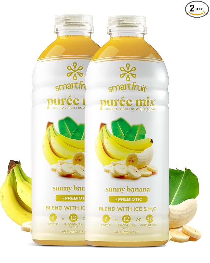 Smartfruit Sunny Banana + Oat Fiber – 100% Real Fruit Purée with Banana Apple &amp Pineapple – Great for Smoothies Juice Yogurt Cocktails Teas &amp More – High in Vitamin A – 2-Pk 48oz Each