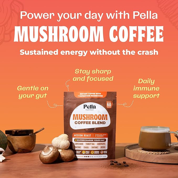 Pella Nutrition Mushroom Coffee – Lions Mane Reishi Chaga Cordyceps Shiitake Maitake and Turkey Tail Mushroom Supplement – Superfood Instant Coffee for Focus &amp Energy (Regular Caffeine 60 C