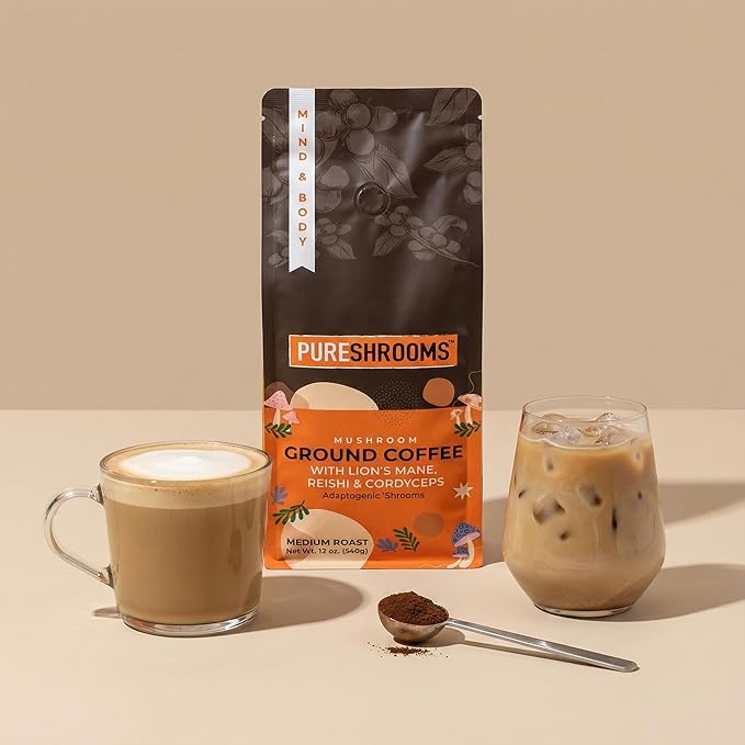 PureShrooms Mind &amp Body Ground Mushroom Coffee – Focus Energy &amp Mood Support – Premium Arabica with Organic Lion’s Mane Reishi &amp Cordyceps – Low Acidity Jitter-Free Medium Roast – 340g