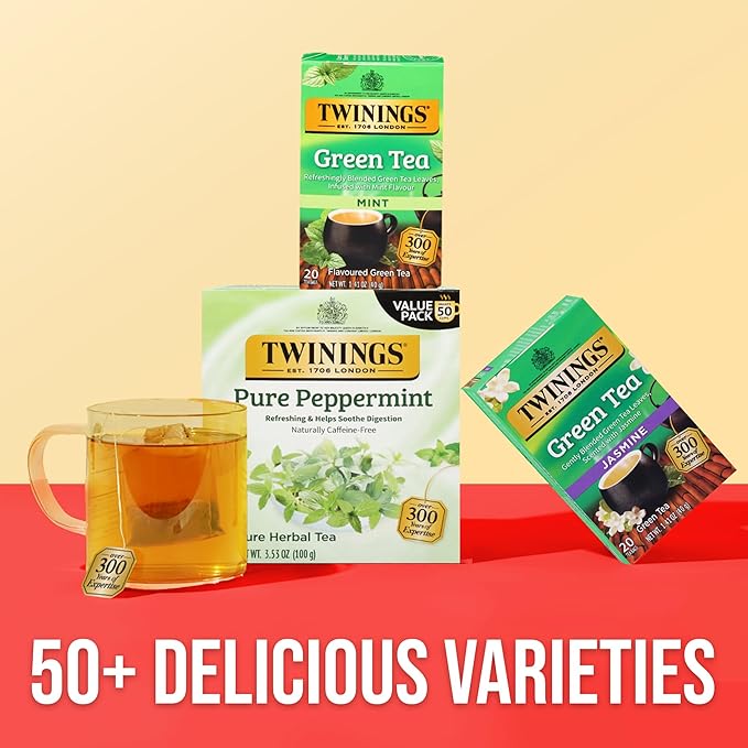 Twinings Green Tea with Mint Individually Wrapped Bags 20 Count (Pack of 6) Invigorating Aroma Caffeinated Enjoy Hot or Iced 120 Teabags