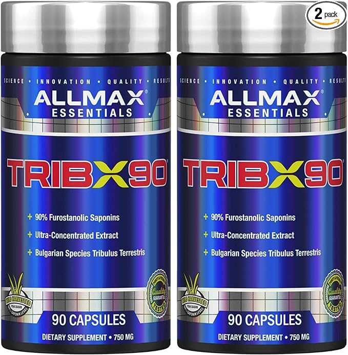 ALLMAX TRIBX90 - 90 Capsules Pack of 2 - Natural Testosterone Booster - Delivers Bulgarian Species Tribulus Terrestris - 90% Furostanolic Saponins - 180 Total Servings