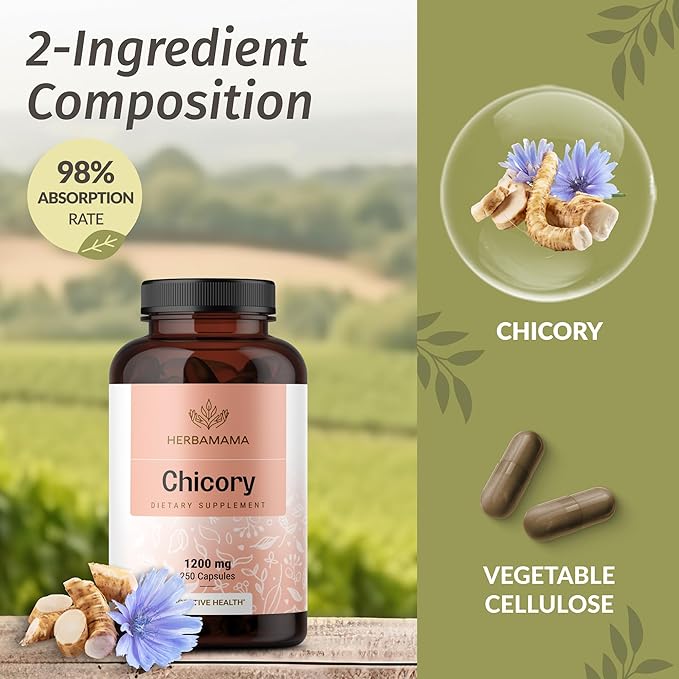 HERBAMAMA Chicory Root Fiber Capsules - 1200mg Chicory Root Powder for Gut Cleanse &amp Digestive Support - Vegan Non-GMO Inulin Prebiotic Fiber Supplement