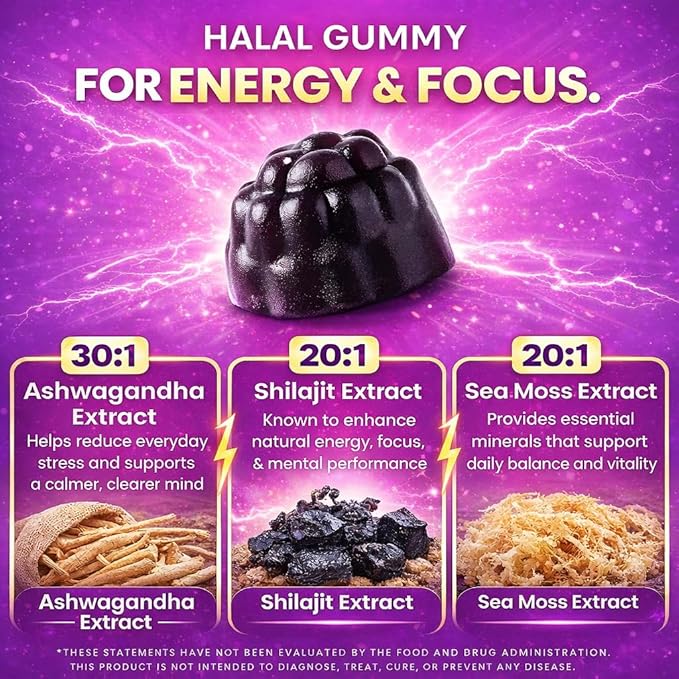 Shilajit Gummies for Energy &amp Focus – Ashwagandha Beet Root Lion’s Mane Sea Moss &amp Black Seed – Vegan Halal-Certified Adaptogen Supplement for Daily Performance &amp Calm – 60 Gummies