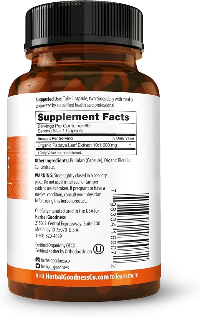 Herbal Goodness Papaya Leaf Extract Digestive Enzymes - 10X Strength 60/600mg Veg Capsules- Blood Platelet Bone Marrow &amp Spleen Support Immune Gut &amp Super Digestive Health - Made in USA