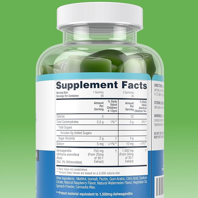 Sugar-Free Ashwagandha Gummies for Stress Sleep &amp Mood Support - High-Potency 30:1 Ashwagandha Supplement Extract - Vegan Adaptogen Supplement for Women &amp Men Natural Flavor Plant-Based 90