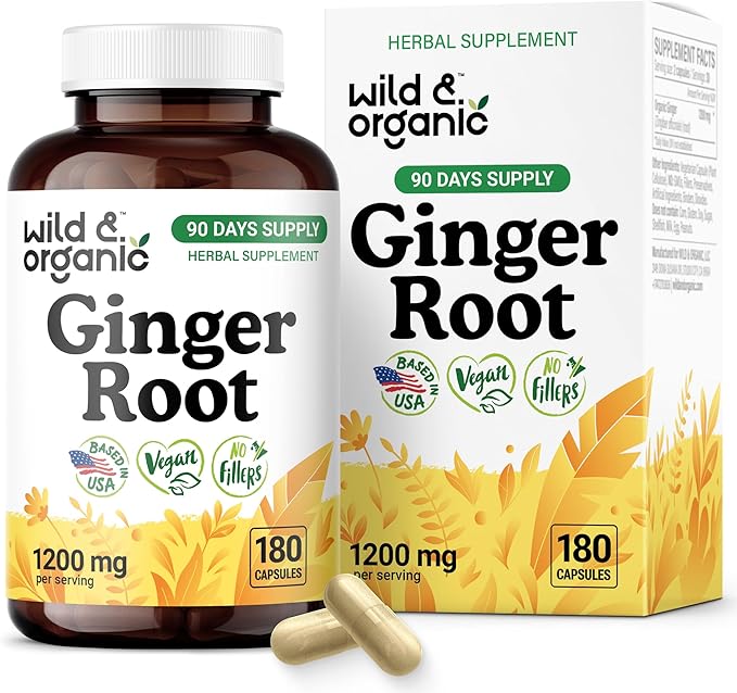 Wild &amp Organic Ginger Root Capsules 1200 mg - Immune &amp Digestive Support - Ginger Root Supplement - Zingiber Officinale Powder - 90 Days of Supply - Vegan No Fillers Non-GMO - 180 Count