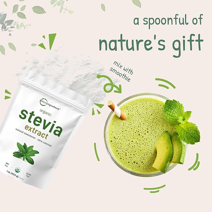 Micro Ingredients Pure Organic Stevia Powder 1 Pound 2837 Servings Highest Grade Stevia Green Leaf Extract Reb-A Reduced Bitter Aftertaste 0 Calorie Natural Sweetener Sugar Alternative Keto F