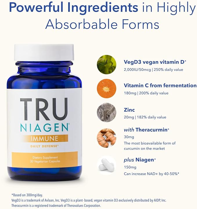 TRU NIAGEN Immune Support Supplement - Daily Defense Vitamin C from Fermentation Vegan Vitamin D3 2000 IU Zinc Plus Theracurmin (Curcumin) + Multi Award-Winning NAD Boosting Niagen 150mg 60ct