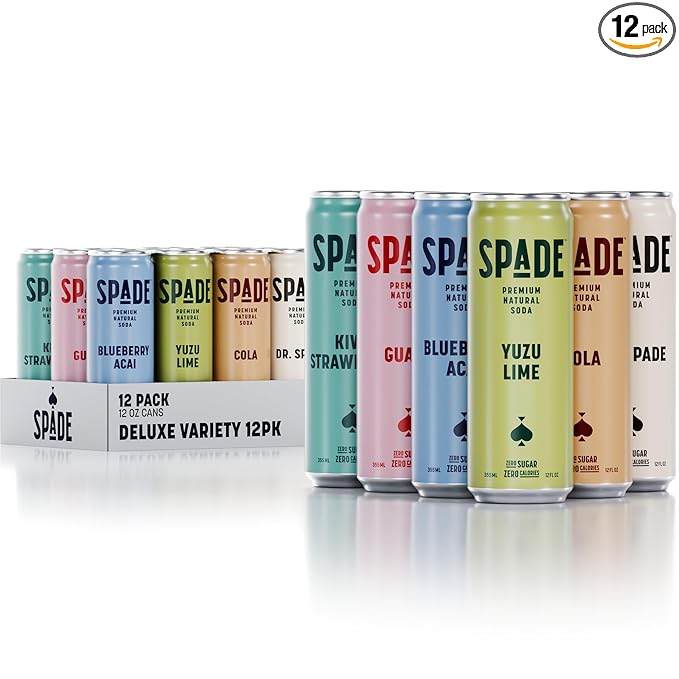 Spade Soda Deluxe Variety 12 Pack Premium All-Natural No Sugar No Calories Electrolytes Magnesium Potassium Healthy Non GMO Sweet Quality Stevia No Artificial Sweeteners Great Taste Bold Ta
